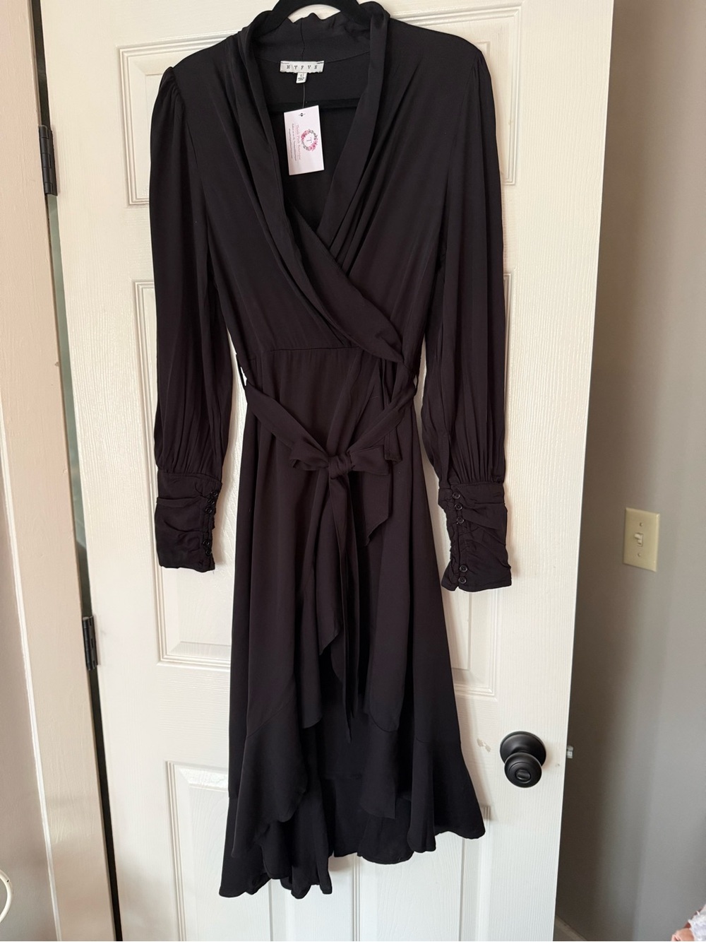 HYFVE Black Long Sleeve Wrap Midi Dress with Tie Waist